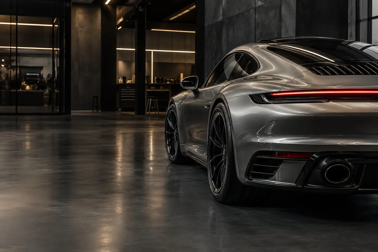 Silver European sports coupe in a dark automotive setting